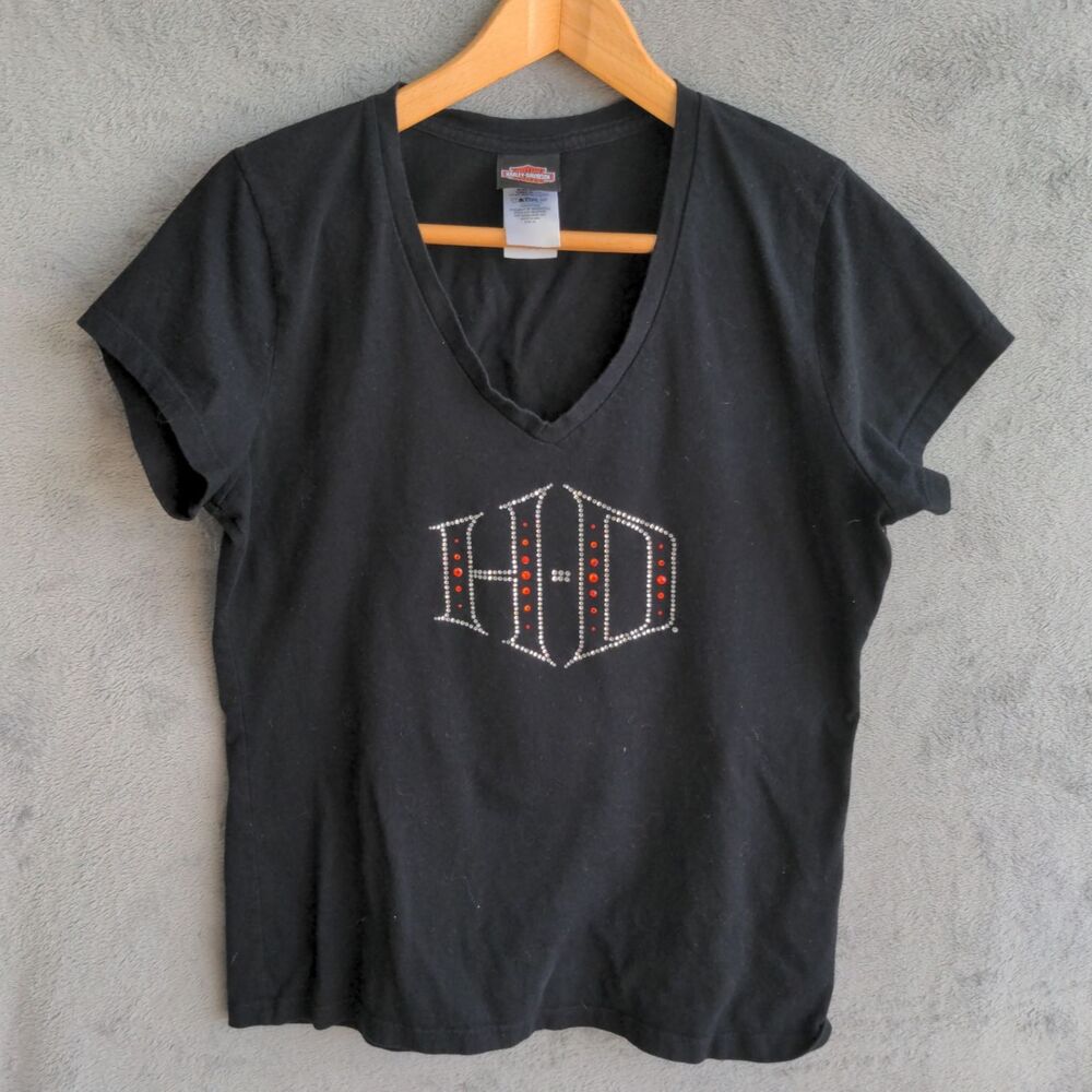 Harley Davidson T Shirt Womens XL Black V-Neck Made in USA Rhinestones